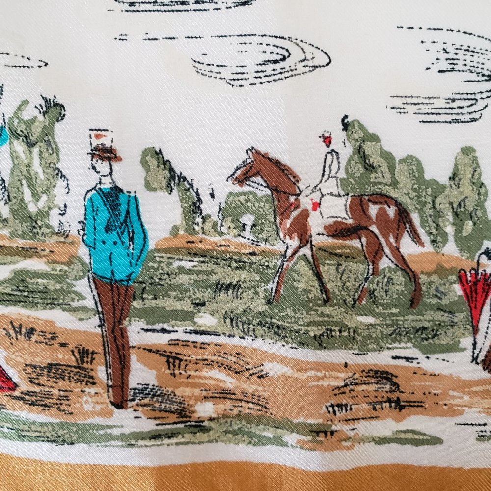 Unused Vintage Midcentury Old World Promenade Street Scene Polka Dot Scarf 26x26